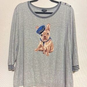 Talbots Gray Sweater with French Bulldog Design
